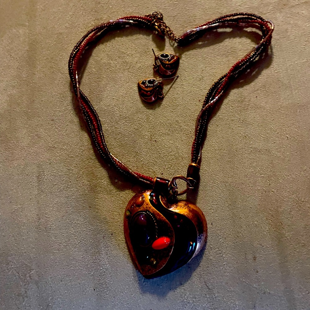 Copper heart beaded necklace with earring